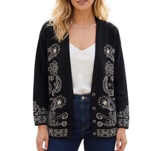 Pendleton Vintage 100% Virgin Wool Cardigan Womens Large Black Paisley Button